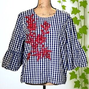 August Silk Red Floral Embroidered Ruffle Sleeve Blouse XL